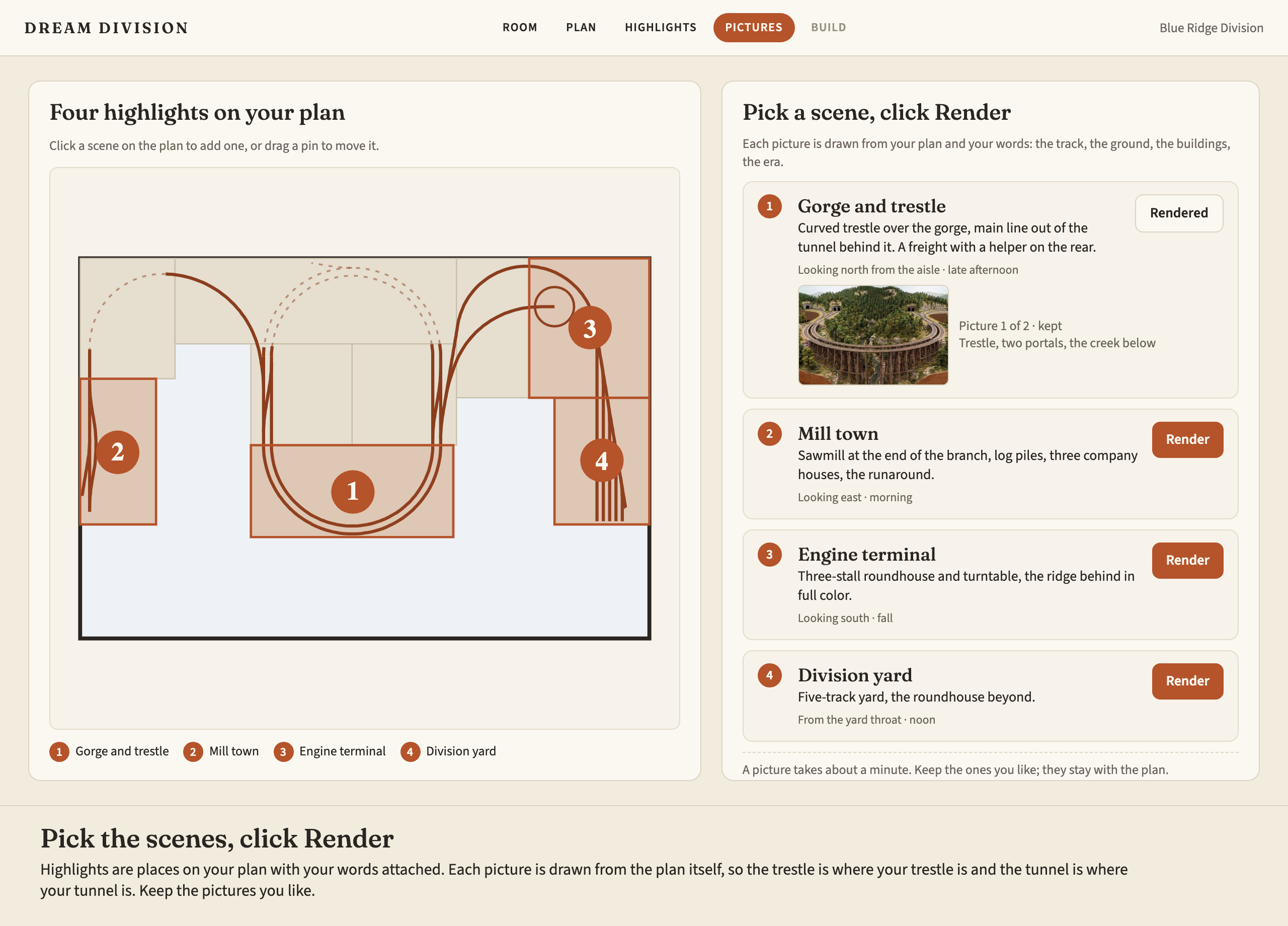 A design preview of the highlights screen: four pinned scenes on the plan and a list on the right with a Render button for each, the first one already rendered with a thumbnail