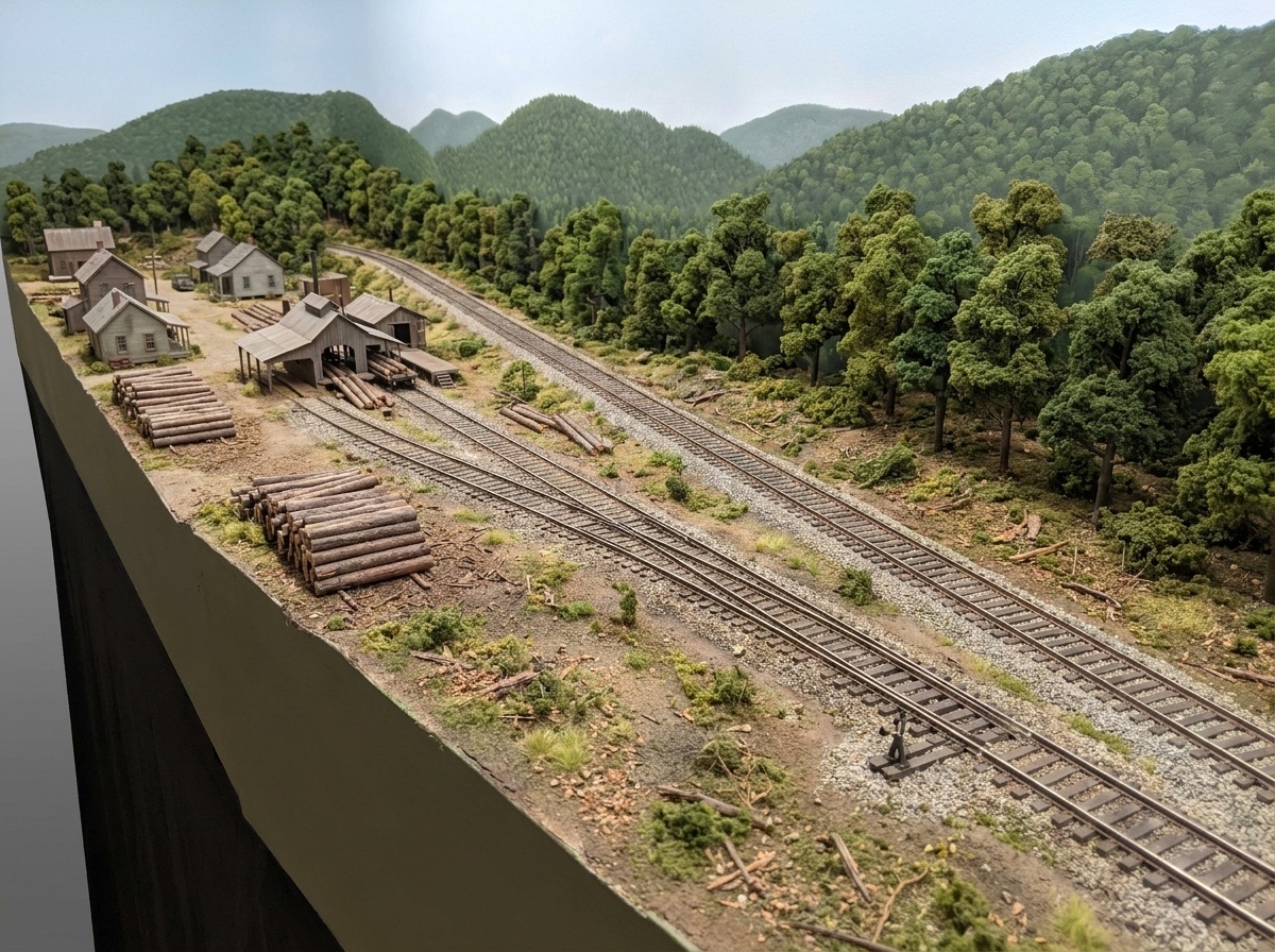 A sawmill with log piles beside a siding at the end of a branch line, hills behind