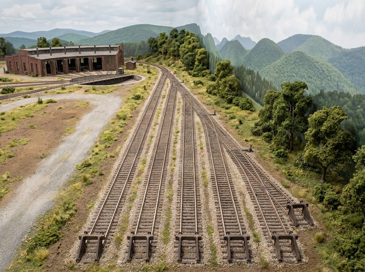 Five yard tracks in the foreground, the roundhouse and turntable at the upper left